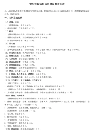 常见疾病病假休息时间参考标准