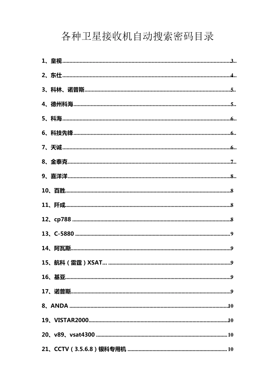 常见的各种数字卫星电视接收机自动搜索密码姚宙龙整理_第1页