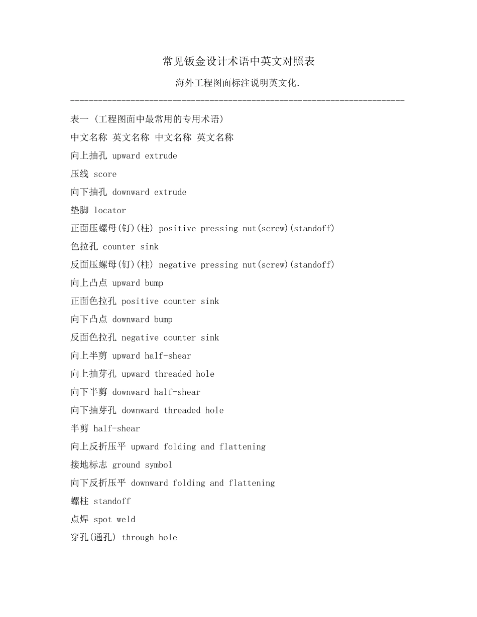 常见钣金设计术语中英文对照表_第1页