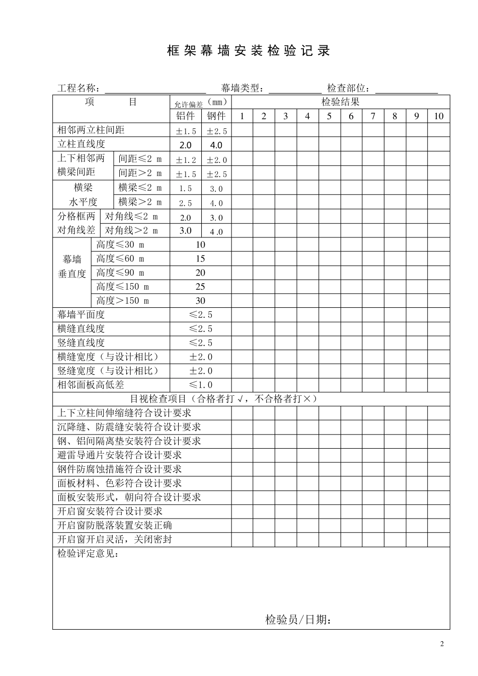 幕墙安装检验记录表_第2页
