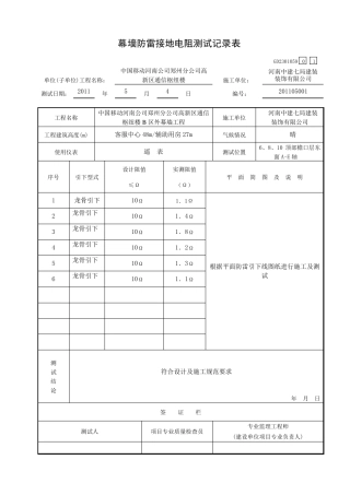 幕墙防雷接地电阻测试记录表新