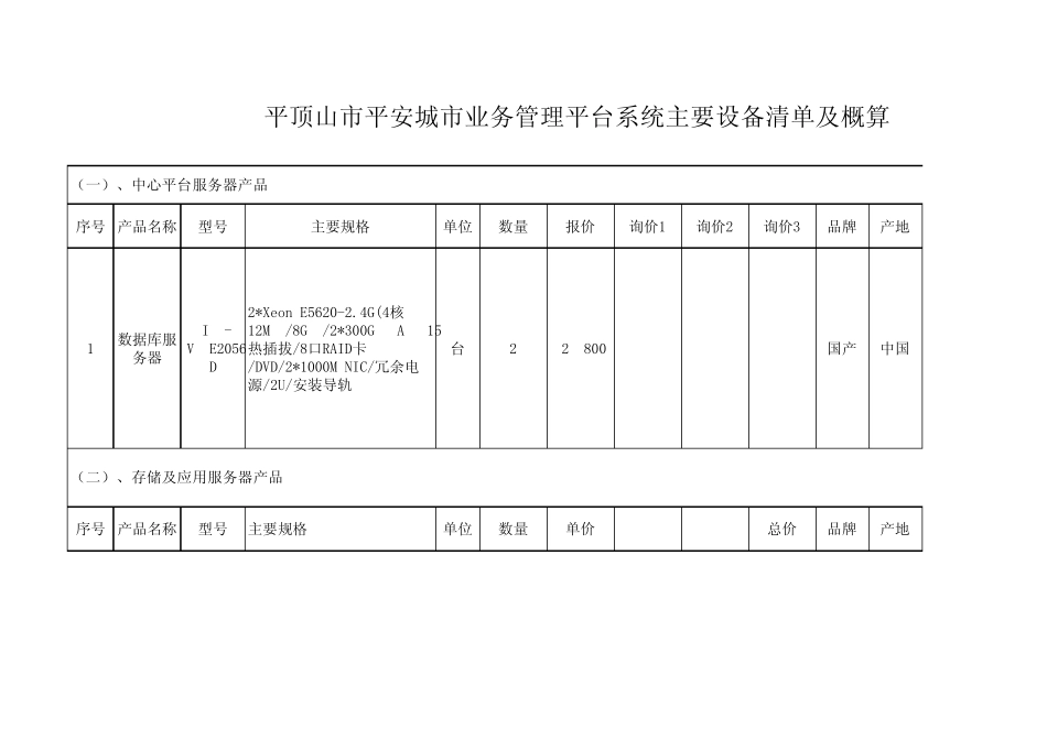 平顶山市平安城市业务管理平台系统主要设备清单及概算_第1页