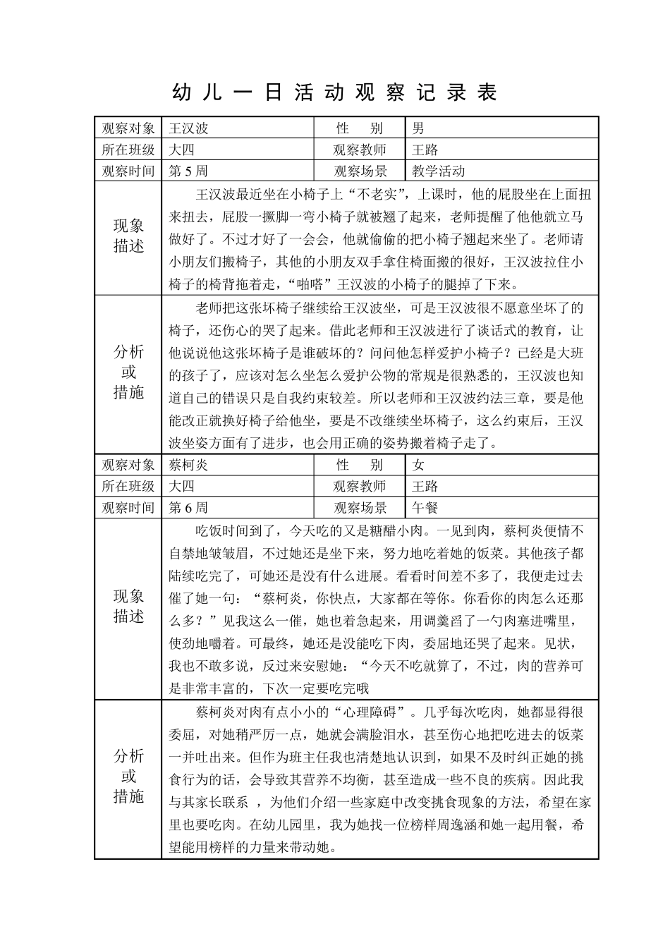 幼儿一日活动观察记录表_第3页