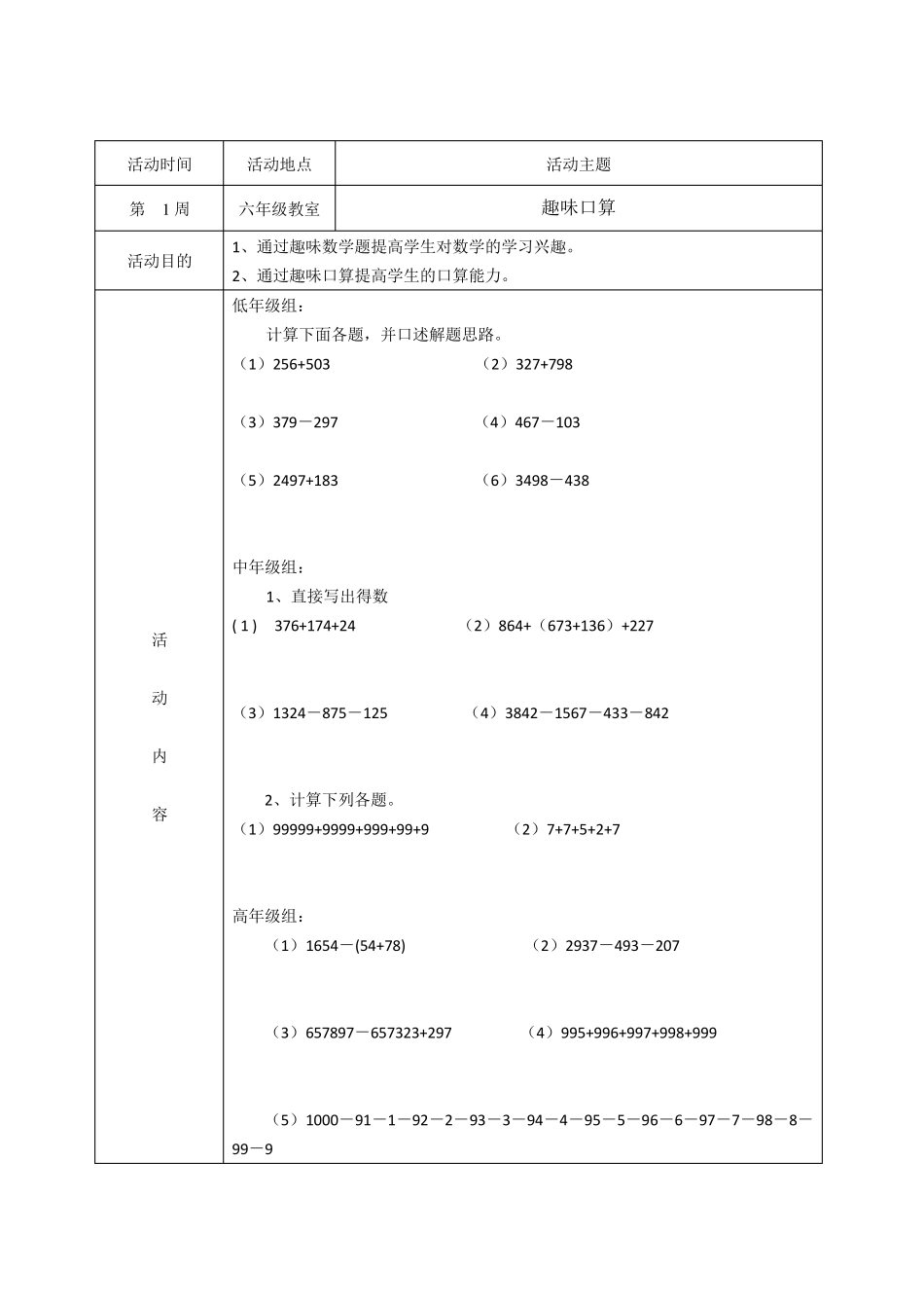 数学兴趣小组活动记录(表)_第1页
