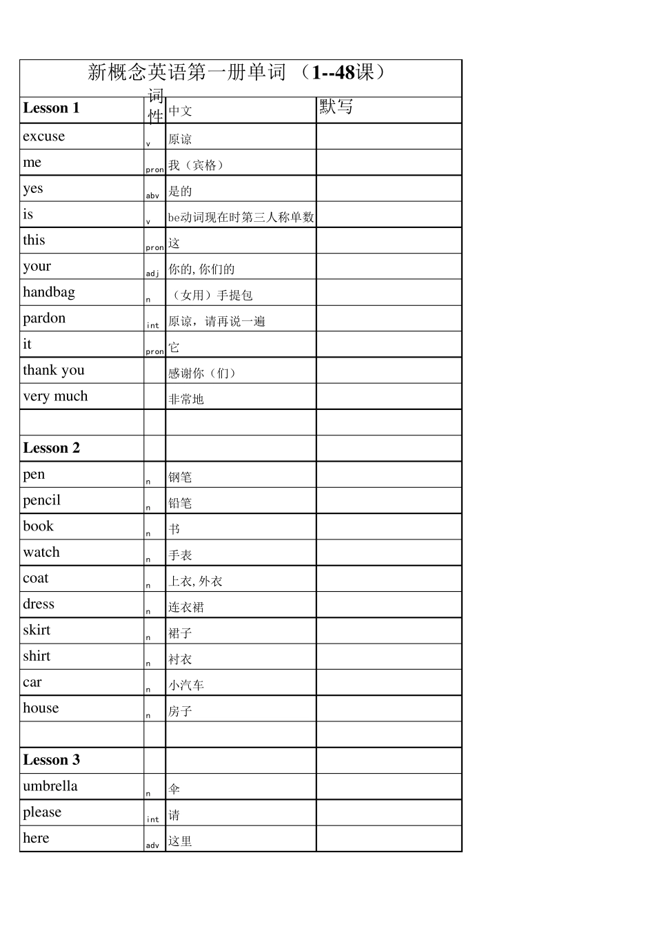 新概念英语第一册164单词表默写_第1页