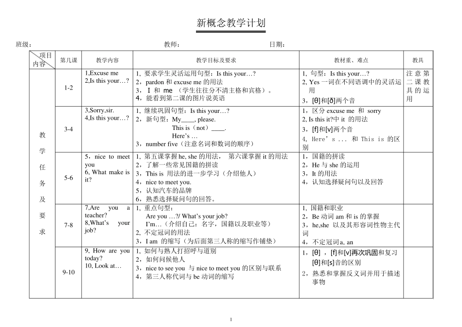 新概念英语第一册教学计划_第1页