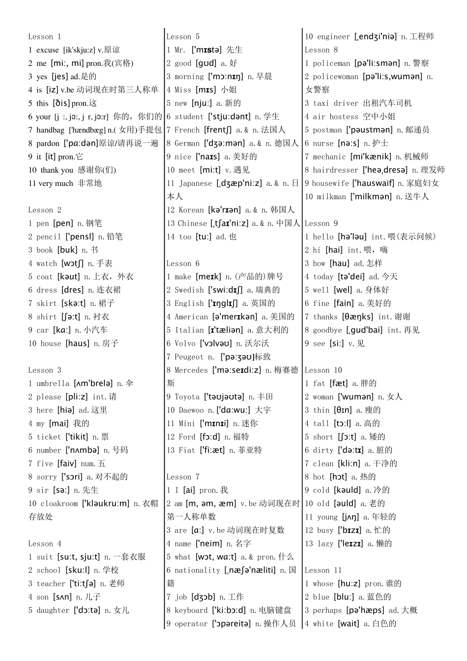 新概念英语第一册英语单词带音标和中文_第1页