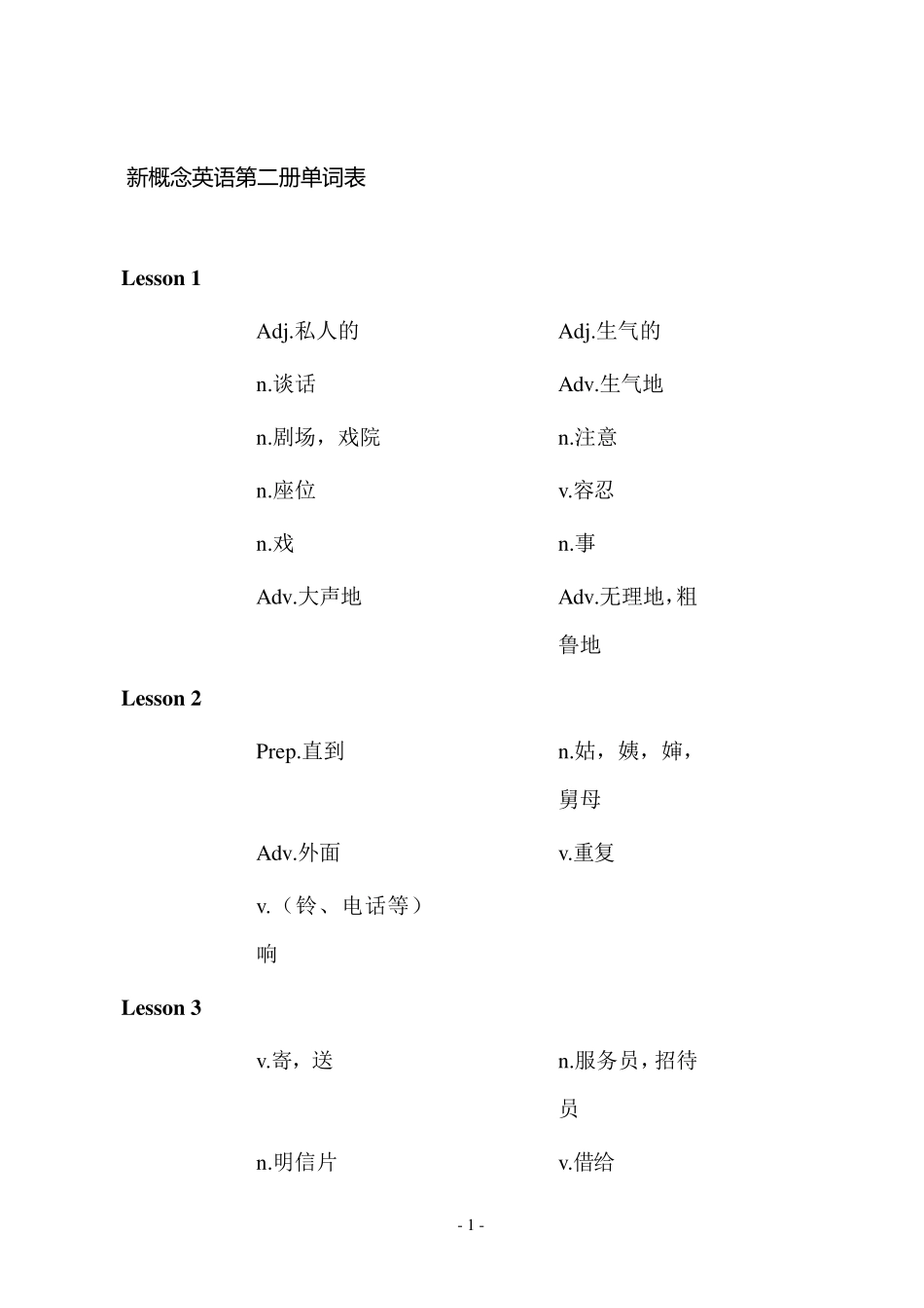 新概念英语第二册单词表(默写英文用)_第1页