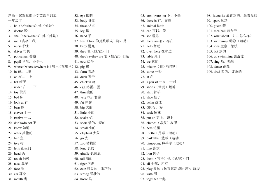 新版一起新标准小学英语单词表_第2页