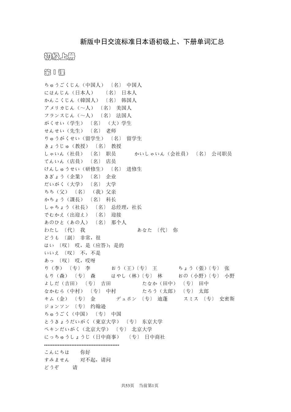 新版中日交流标准日本语初级上下册单词汇总_第1页