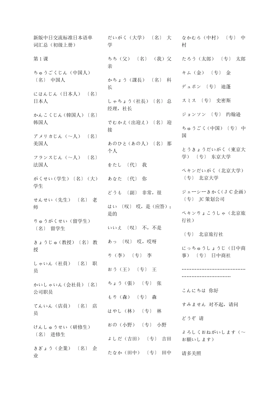 新版中日交流标准日本语单词汇总_第1页