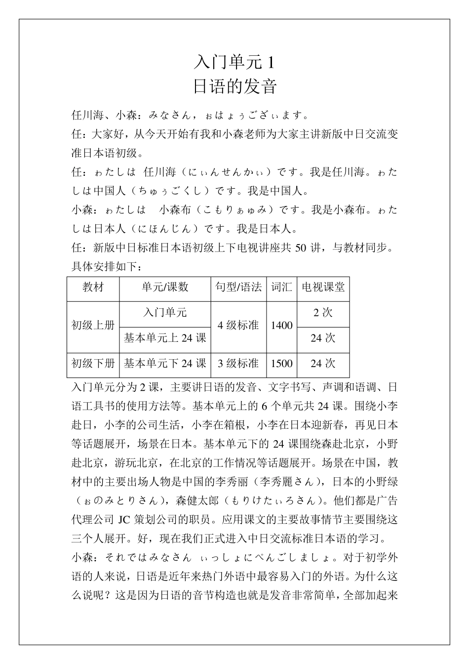 新版中日交流标准日本语电视讲座入门单元1整理笔记_第1页