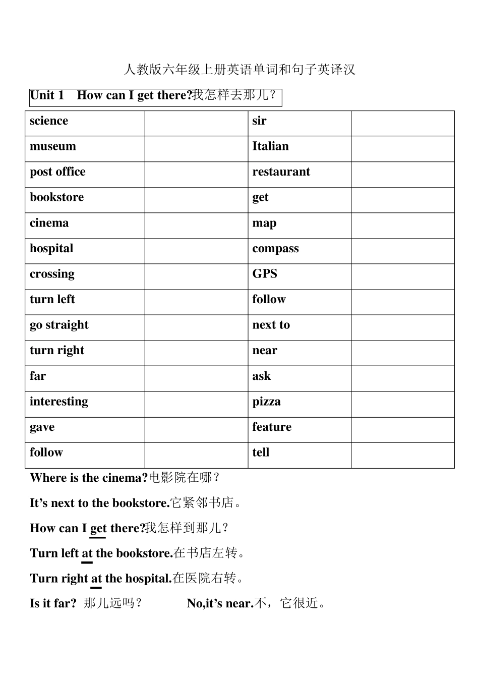 新版人教小学六年级上英语单词英译汉与汉译英_第1页
