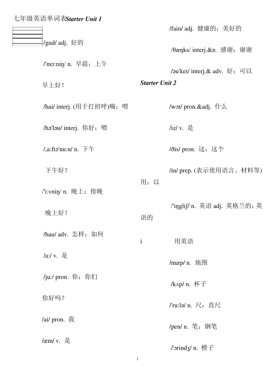 新版人教版七年级上册英语词汇表填空_第1页