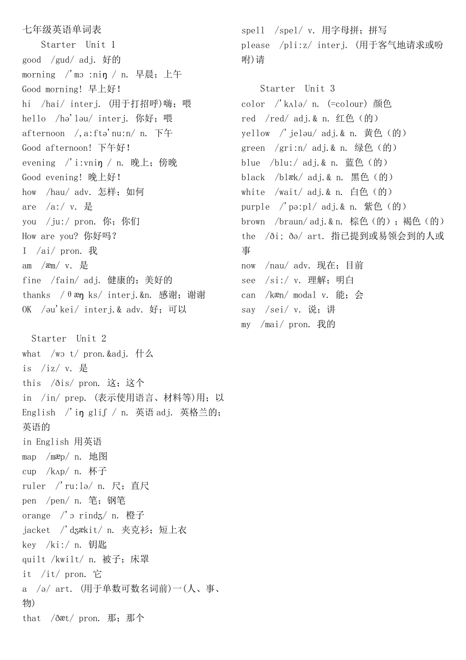 新版人教版七年级全册英语单词表_第1页