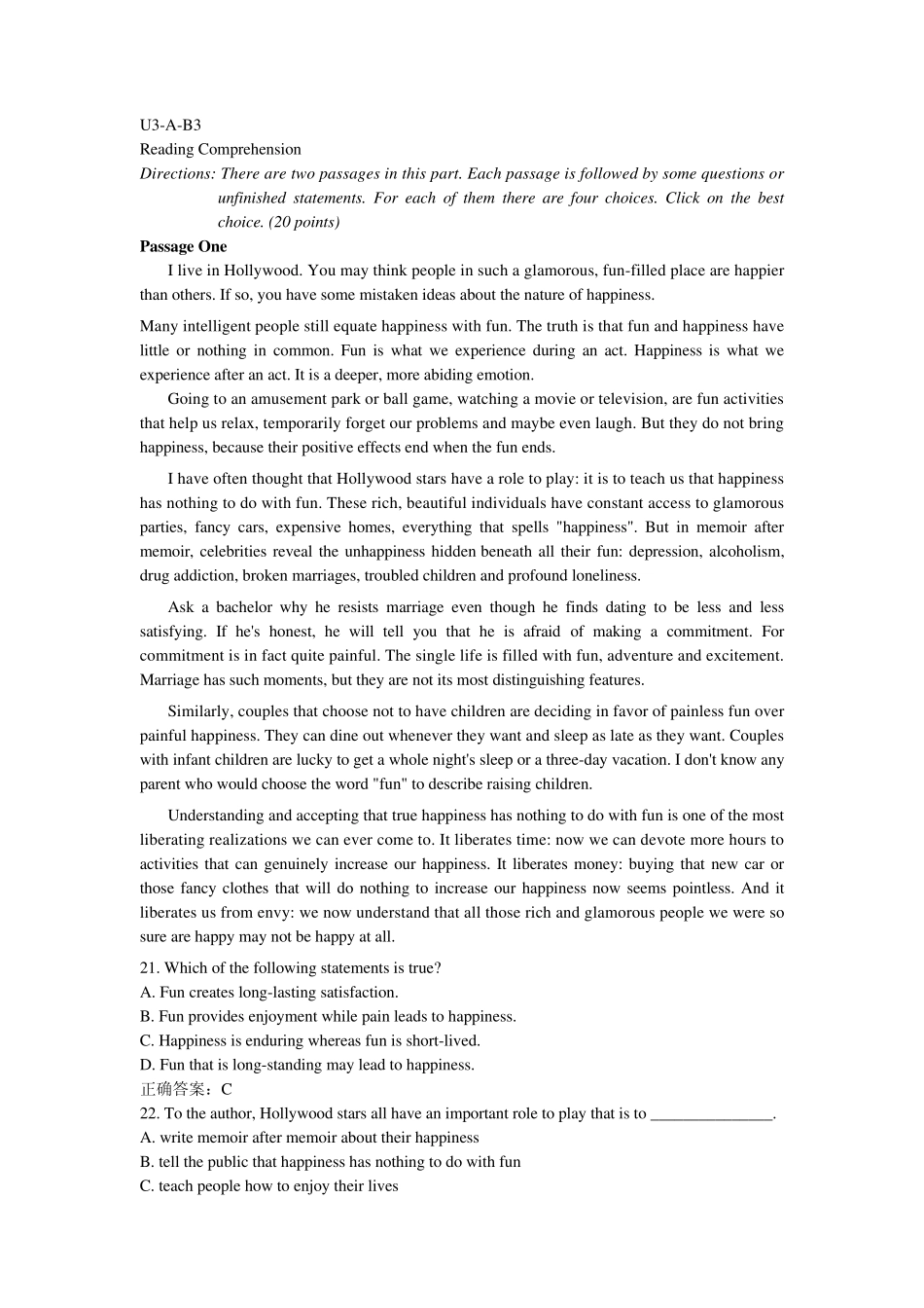 新理念网络平台英语读写教程第三册单元测试unit3答案_第1页