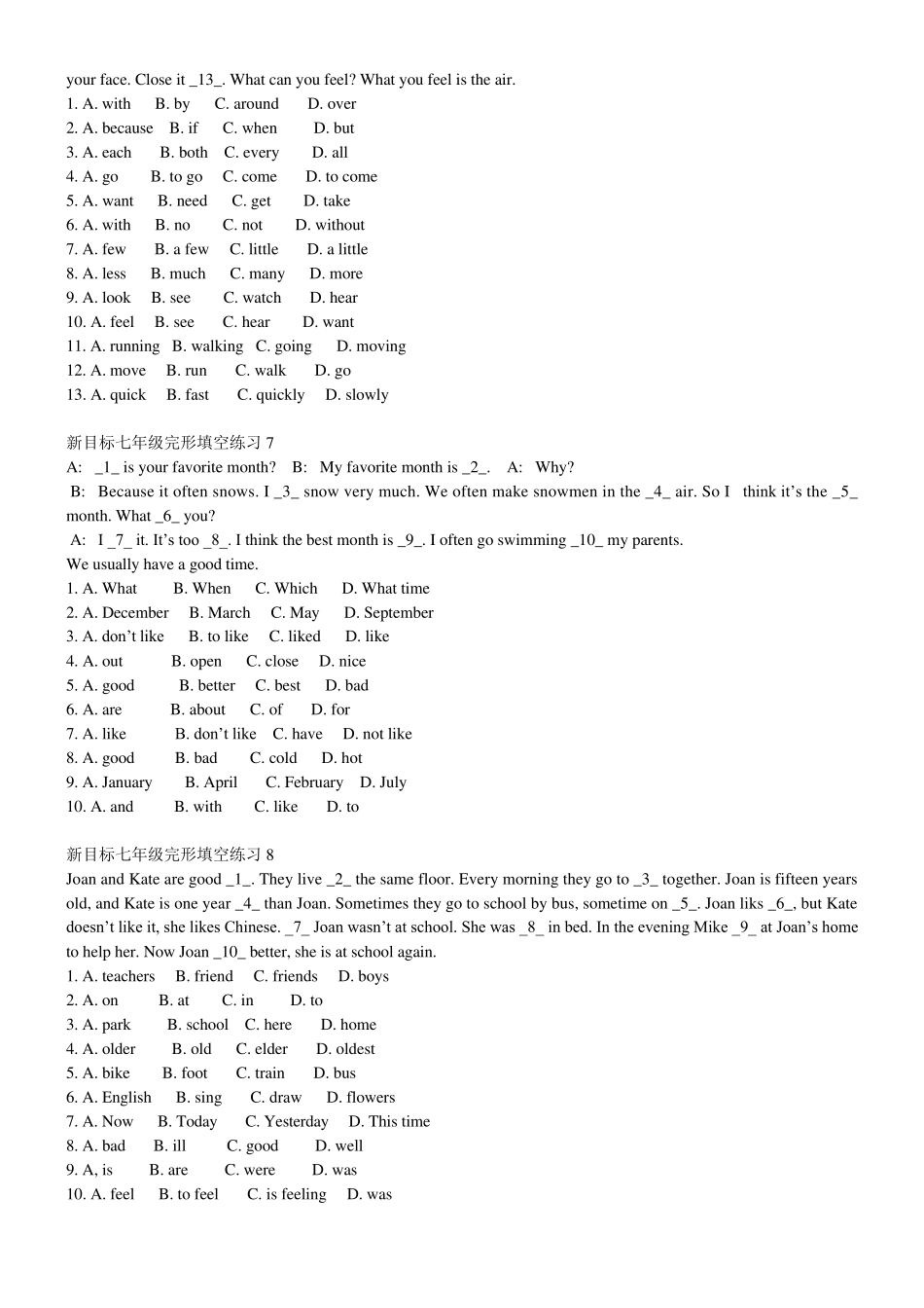 新目标七年级完形填空练习(共15篇,附答案)_第3页