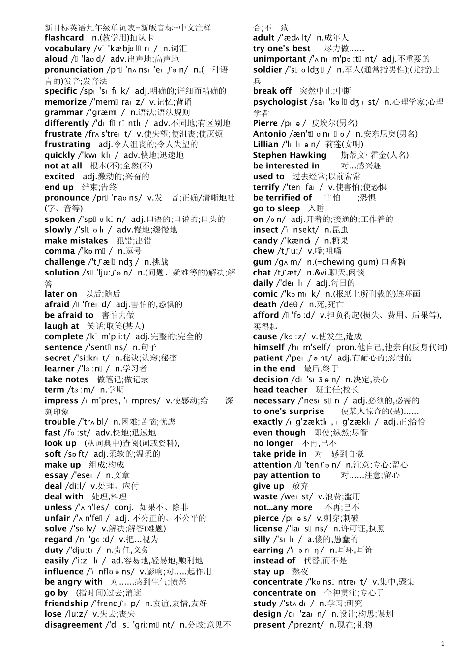 新目标英语九年级单词表(单词新版音标词类中文注释)_第1页