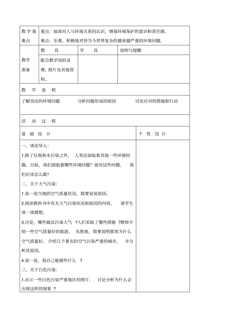 教科版六年级下册科学环境问题和我们的行动教学设计_第2页