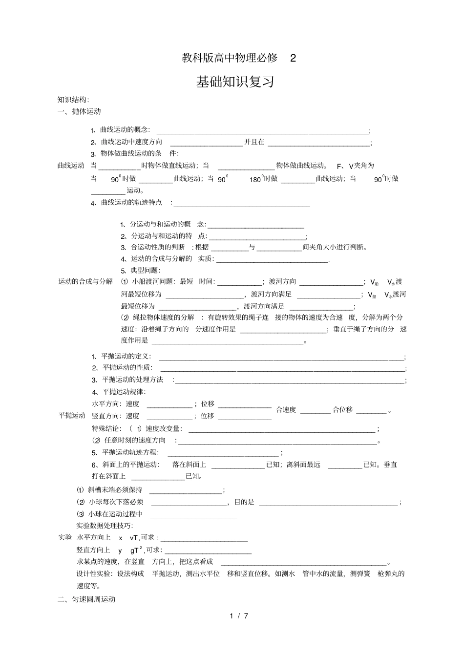 教科版高中物理必修2期末基础知识复习提纲_第1页