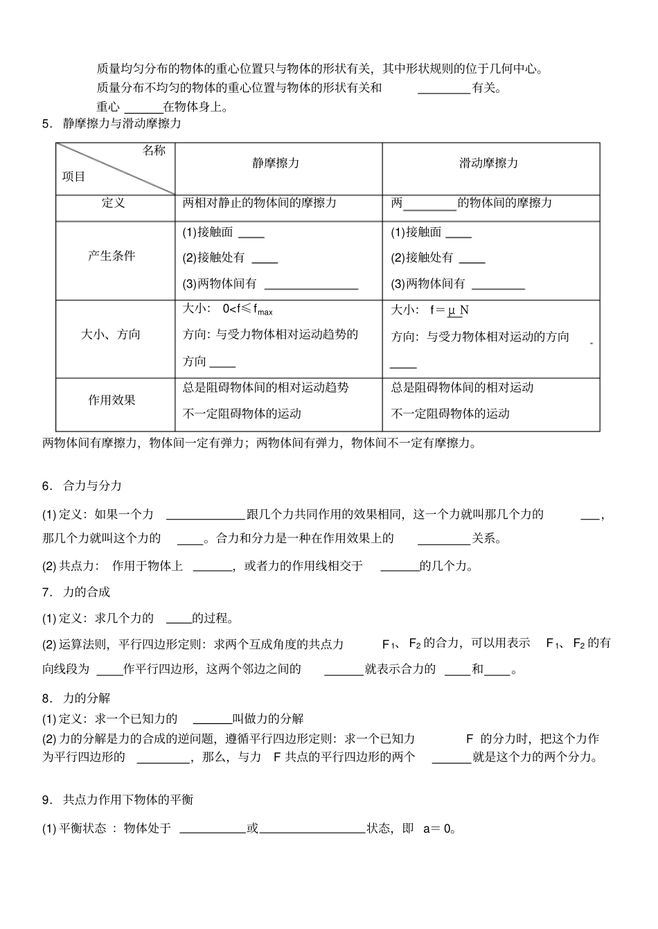 教科版高中物理必修一高一力期末复习x_第2页