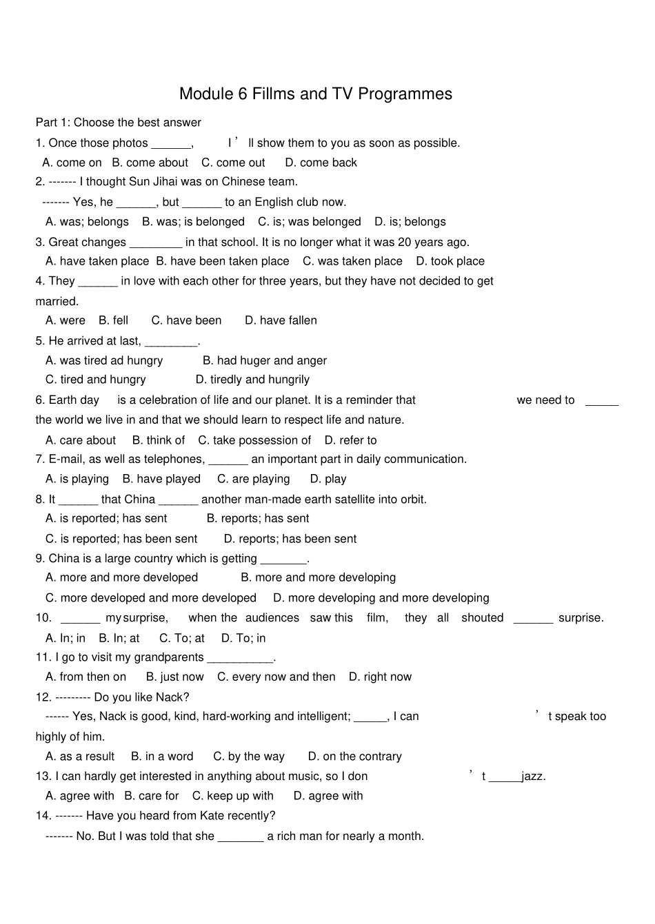 教育最新高中英语Module6FillmsandTVProgrammes测试题外研版必修2_第1页