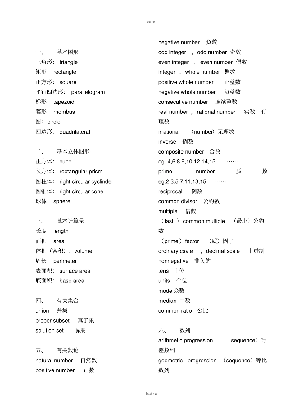 数学常用英文词汇_第1页