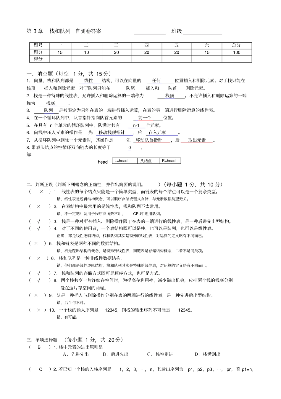 数据结构栈和队列自测卷答案_第1页