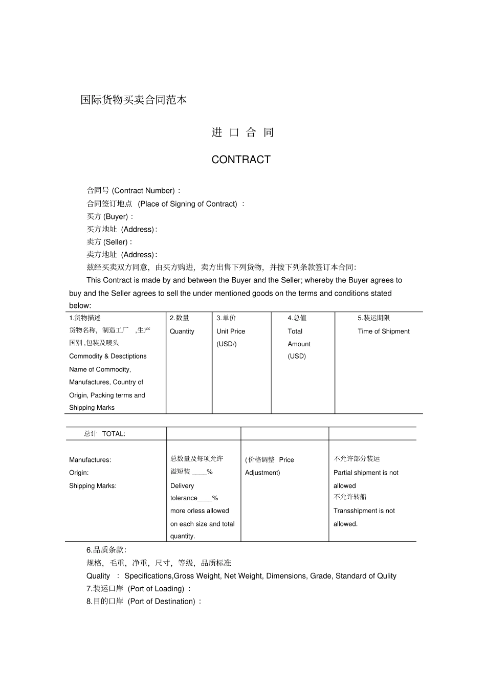 整理版国际货物买卖合同模板_第1页