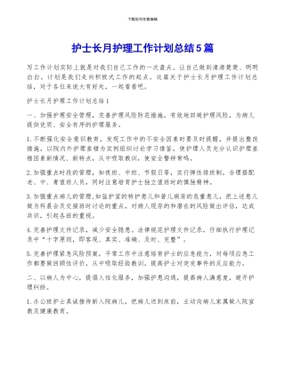 护士长月护理工作计划总结5篇