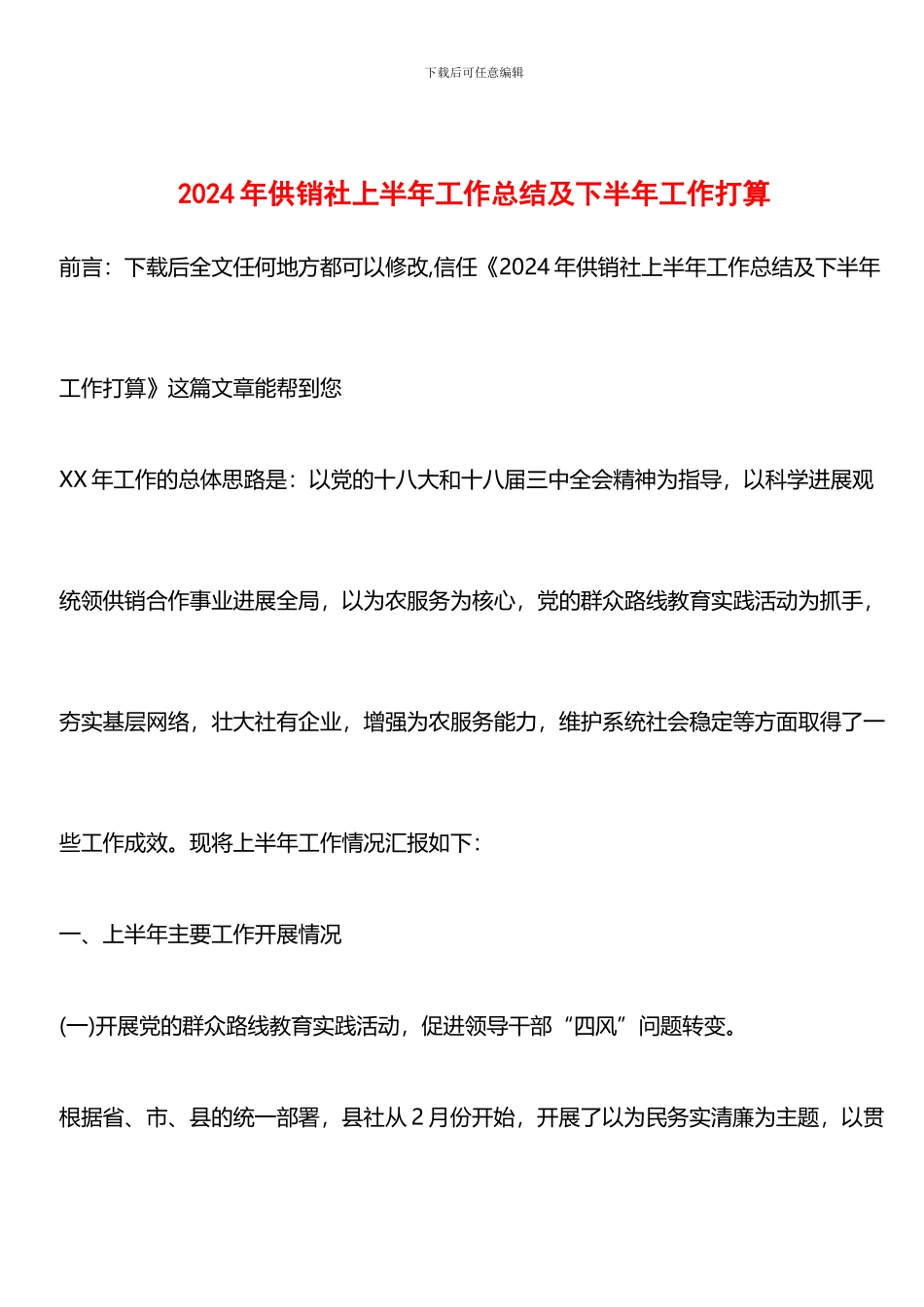 推荐：2024年供销社上半年工作总结及下半年工作打算_第1页