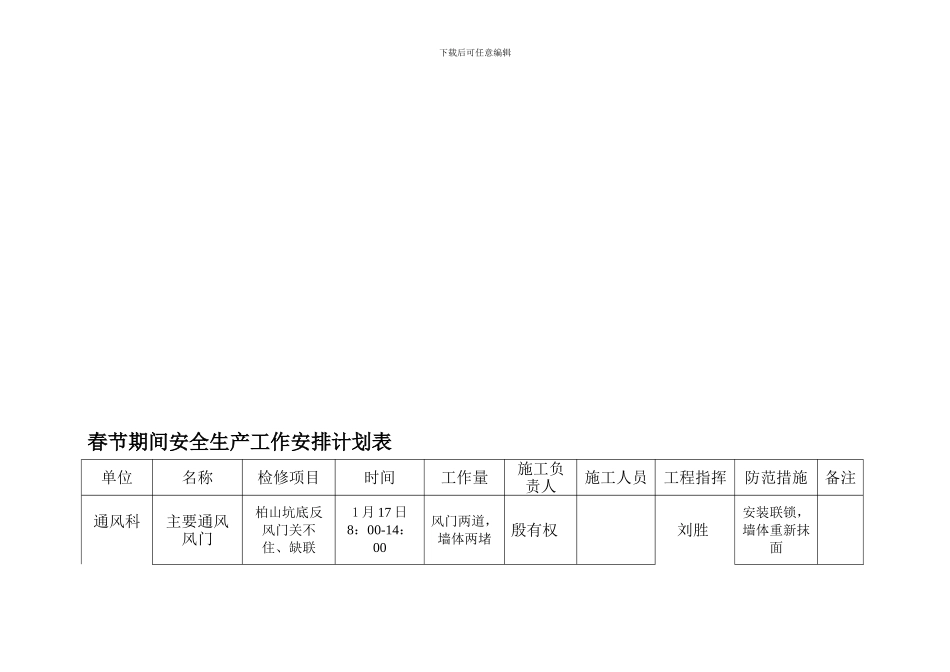 春节期间安全生产工作安排计划表._第1页