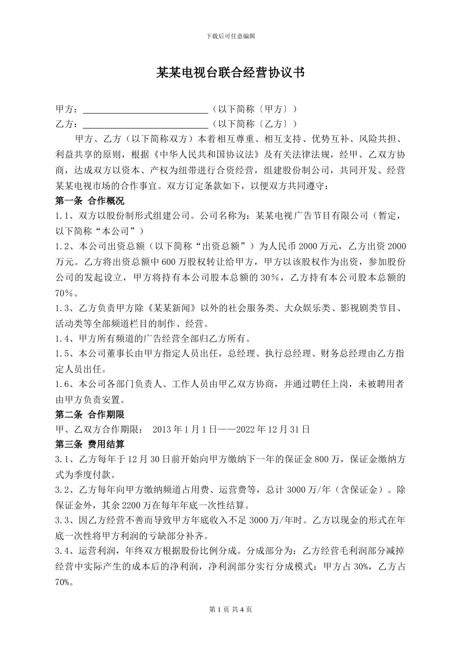 某某电视台联合经营协议书_第1页