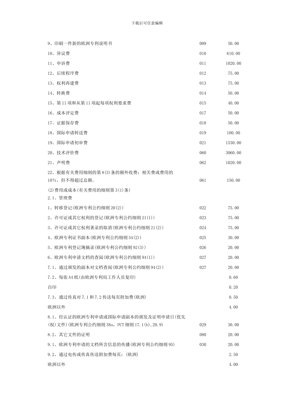 欧洲专利局专利成本和收费表_第2页