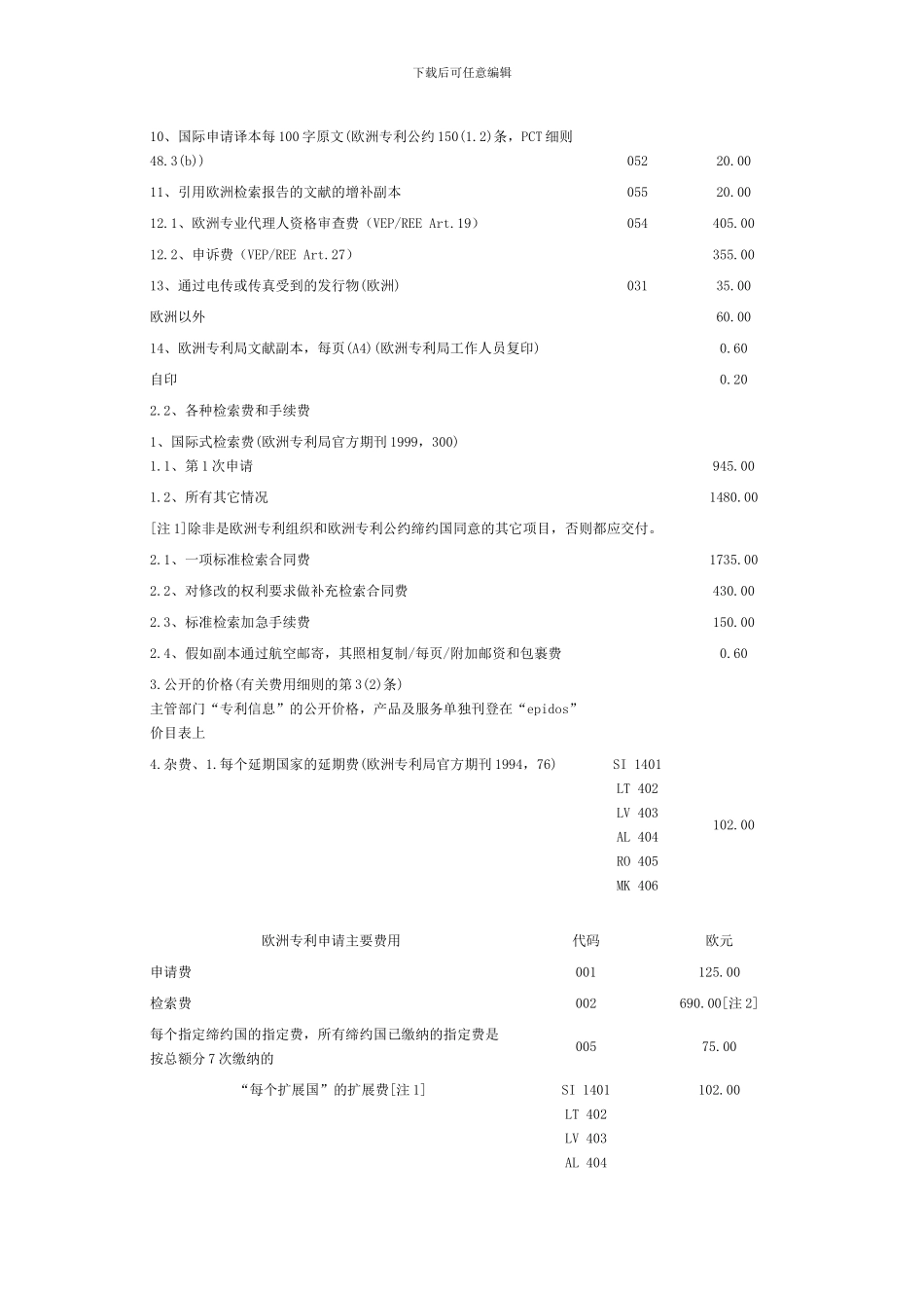 欧洲专利局专利成本和收费表_第3页