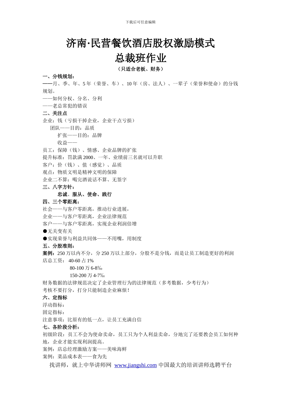 民营餐饮酒店股权激励模式-中华讲师网_第1页