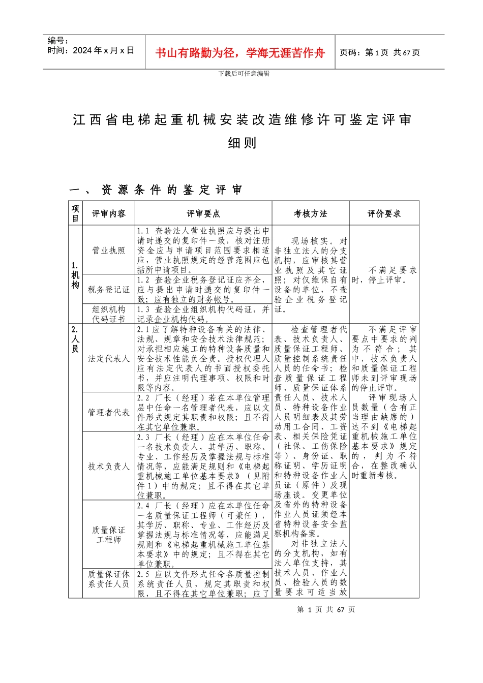 江西省电梯起重机械安装改造维修许可鉴定评审细则_第1页