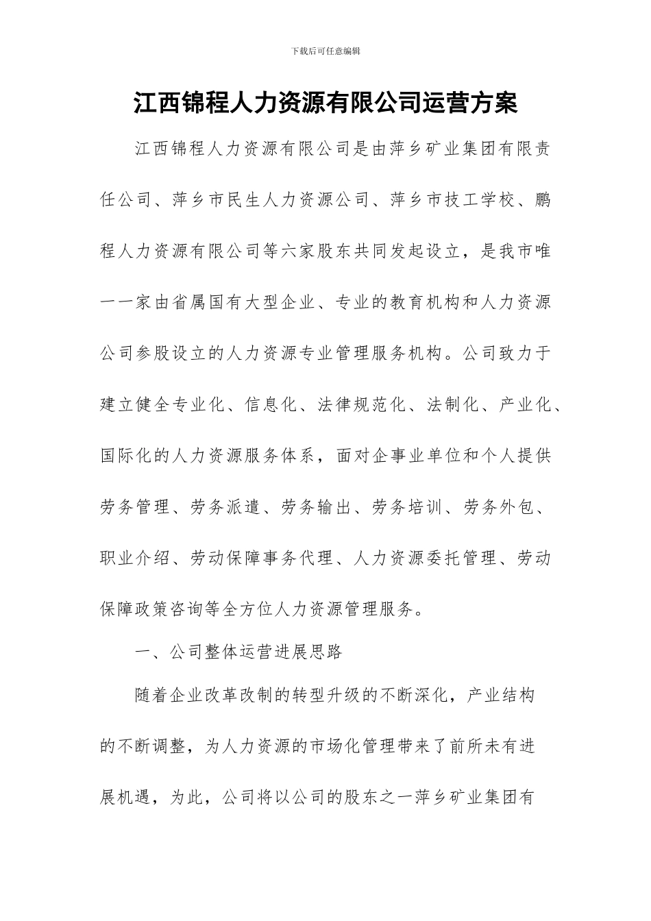 江西锦程人力资源有限公司运营方案_第1页