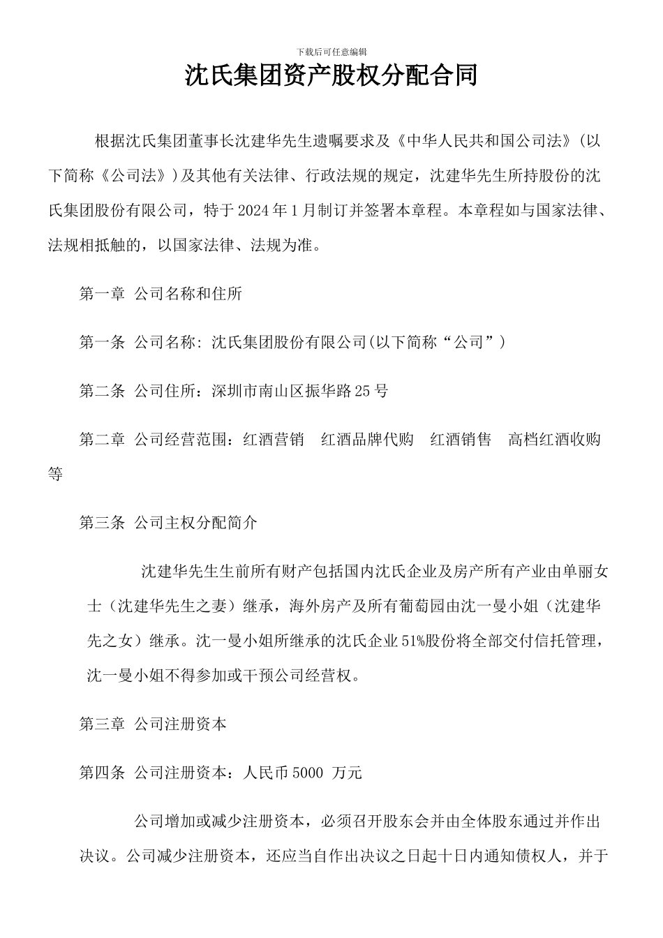 沈氏集团股权分配协议书范本_第1页