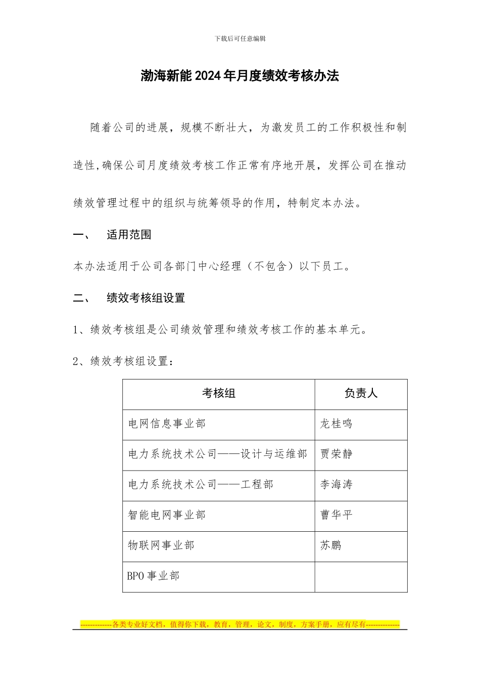 渤海新能2024年月度绩效考核办法-3.12_第1页