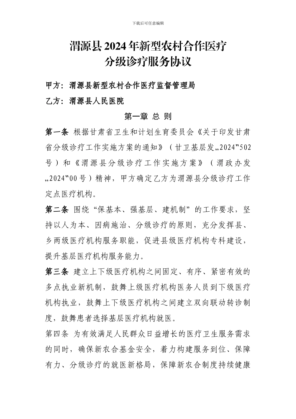 渭源县2024年新型农村合作医服分级诊疗务协议疗_第1页