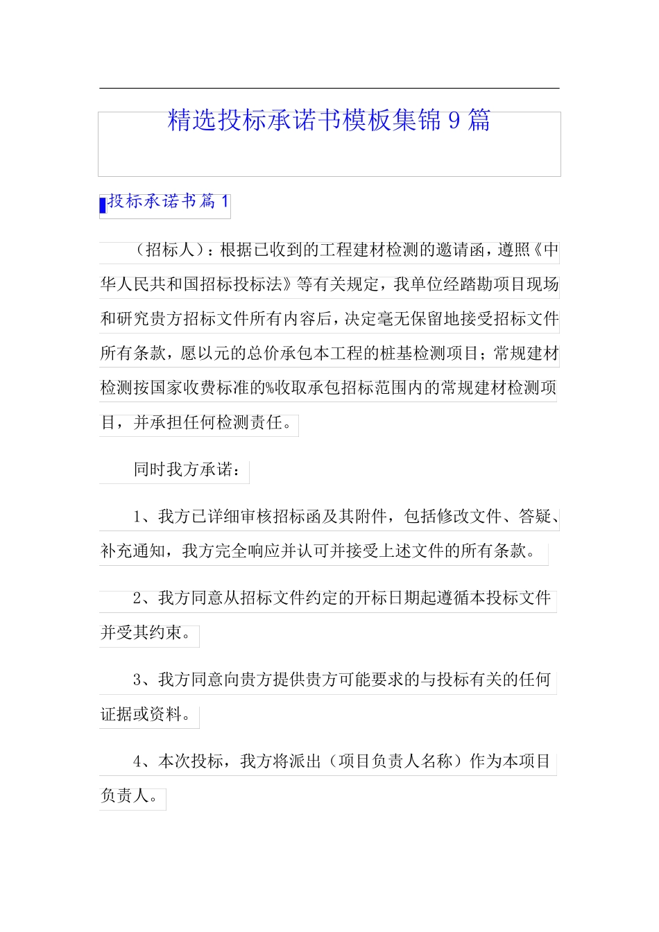 精选投标承诺书模板集锦9篇_第1页