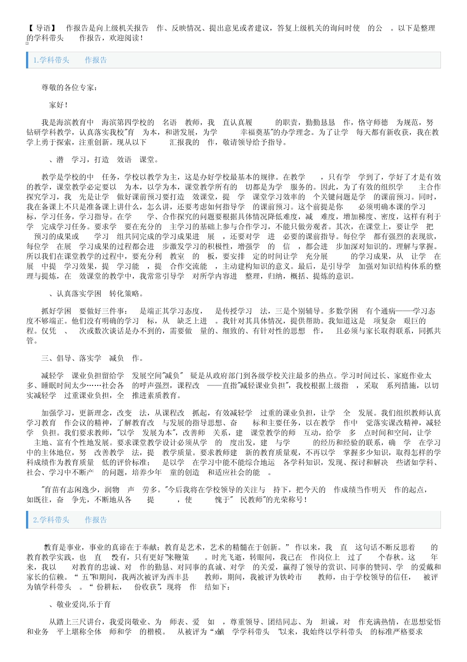 学科带头人工作报告10则_第1页