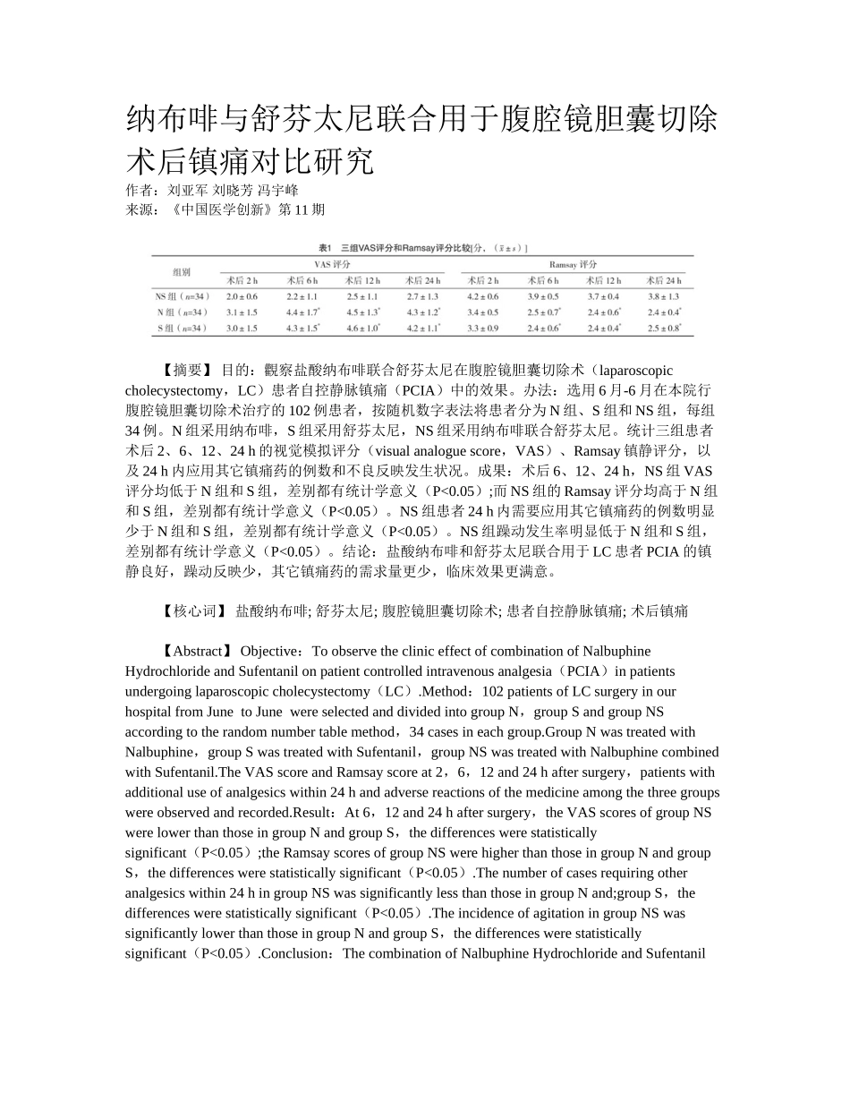 2025年纳布啡和舒芬太尼联合用于腹腔镜胆囊切除术后镇痛对比研究_第1页