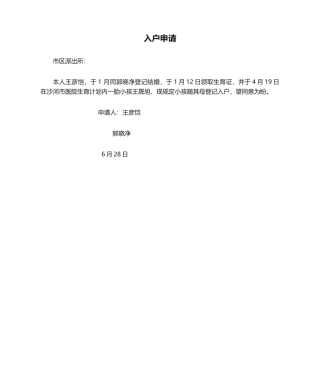 2025年新生儿入户申请书