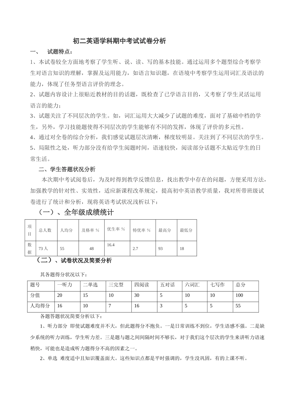 2025年初二英语期中考试试卷分析_第1页