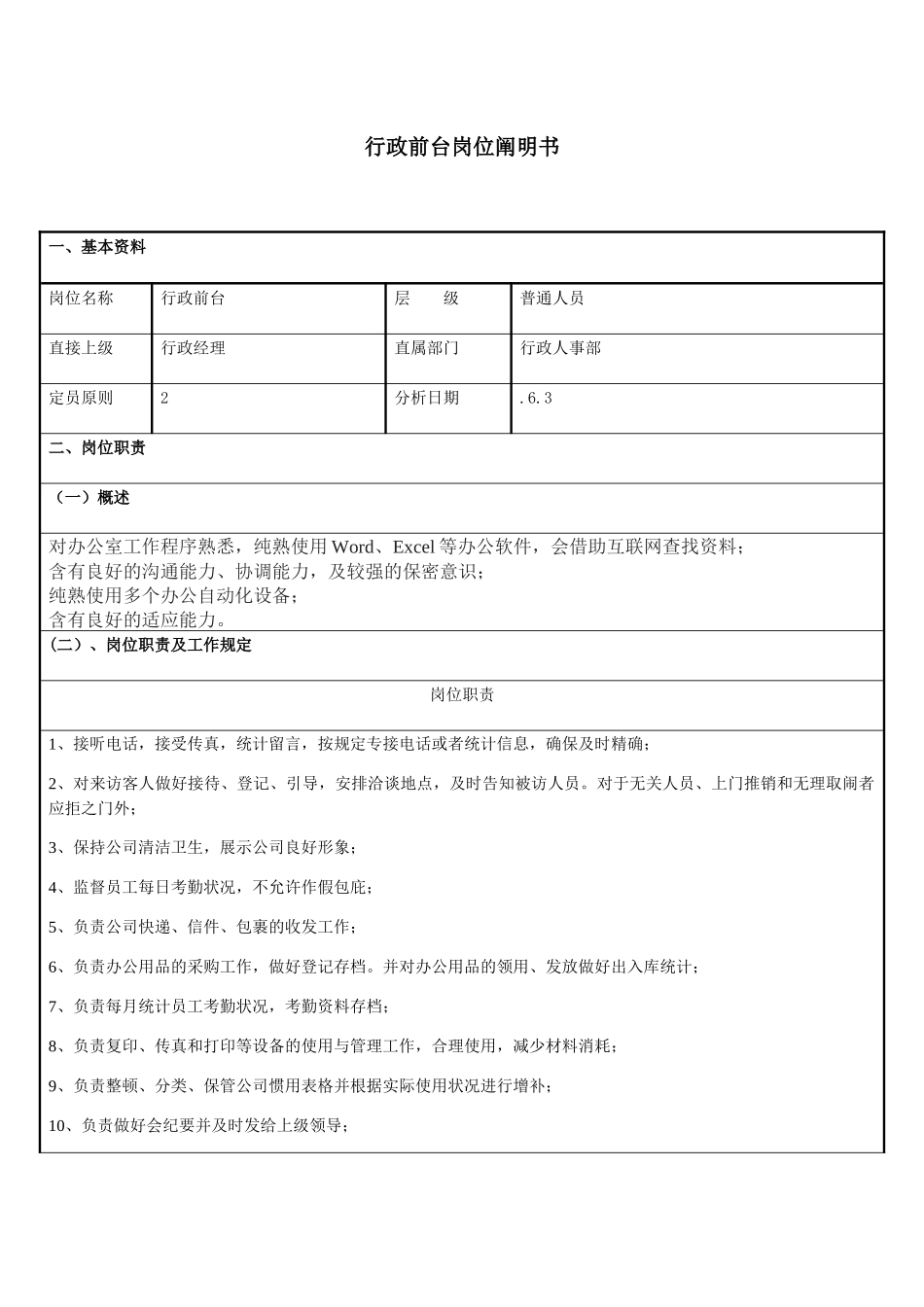 2025年行政前台岗位说明书_第1页