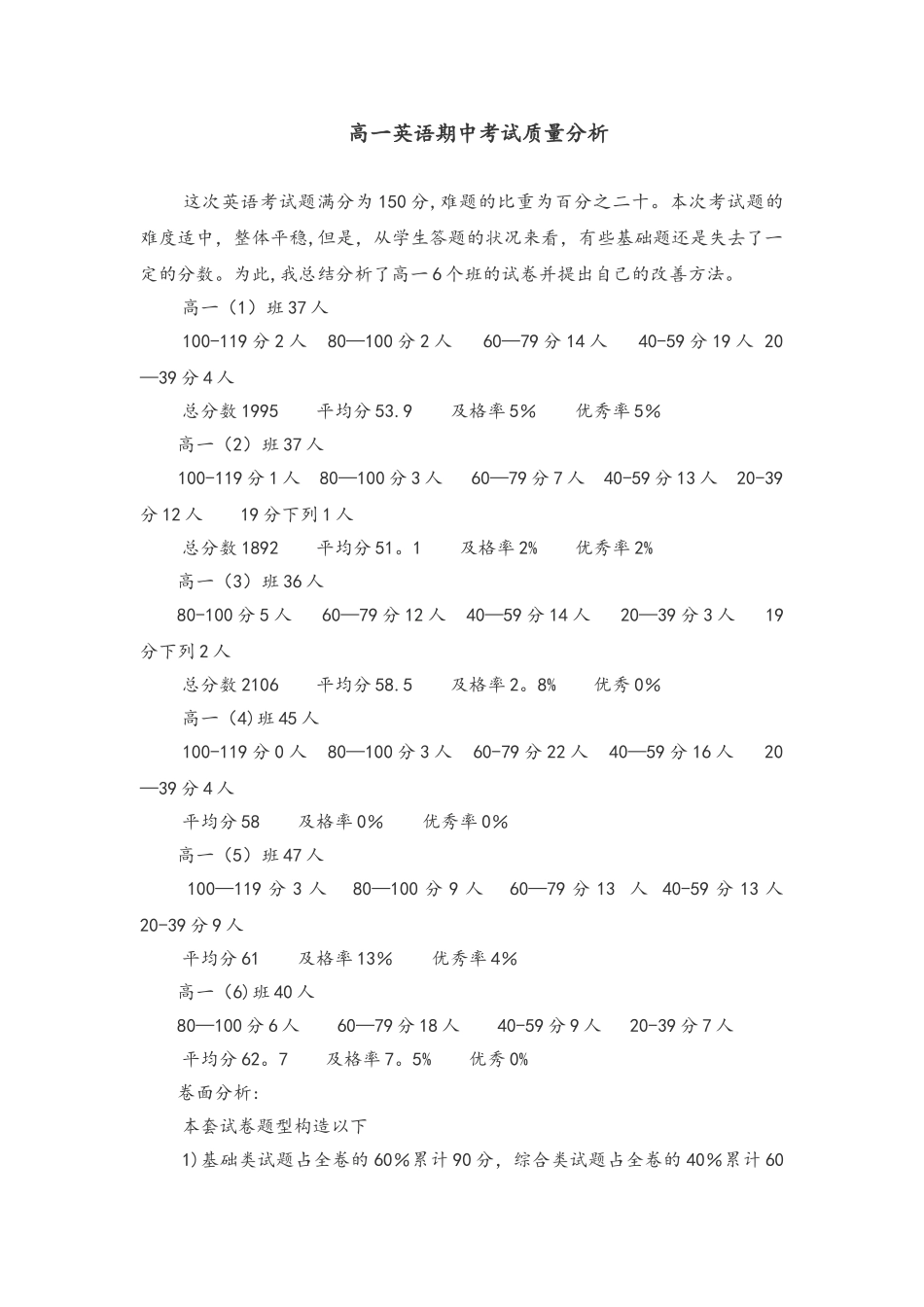 2025年高一英语期中考试质量分析_第1页