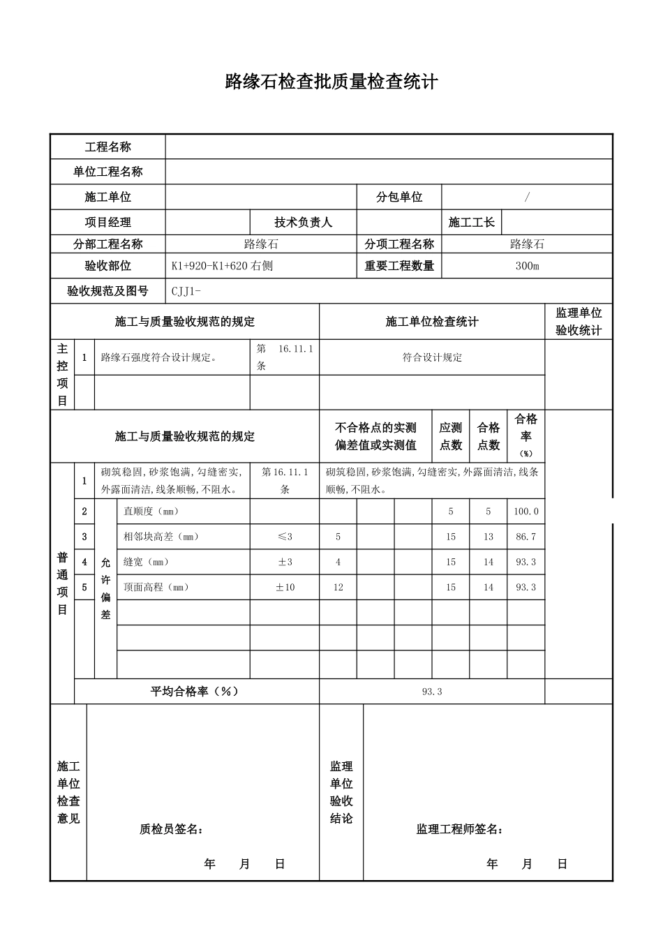 2025年路缘石检验批质量检验记录_第1页