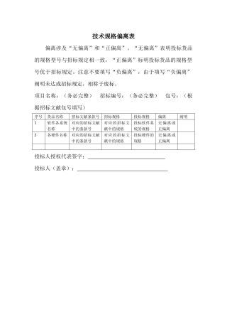 2025年招投标技术规格偏离表
